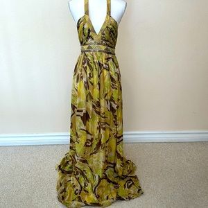 BCBGMaxAzria Silk and Metallic Beaded Maxi Dress